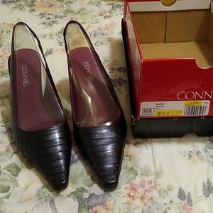 Connie Black Leather Slingback Shoes